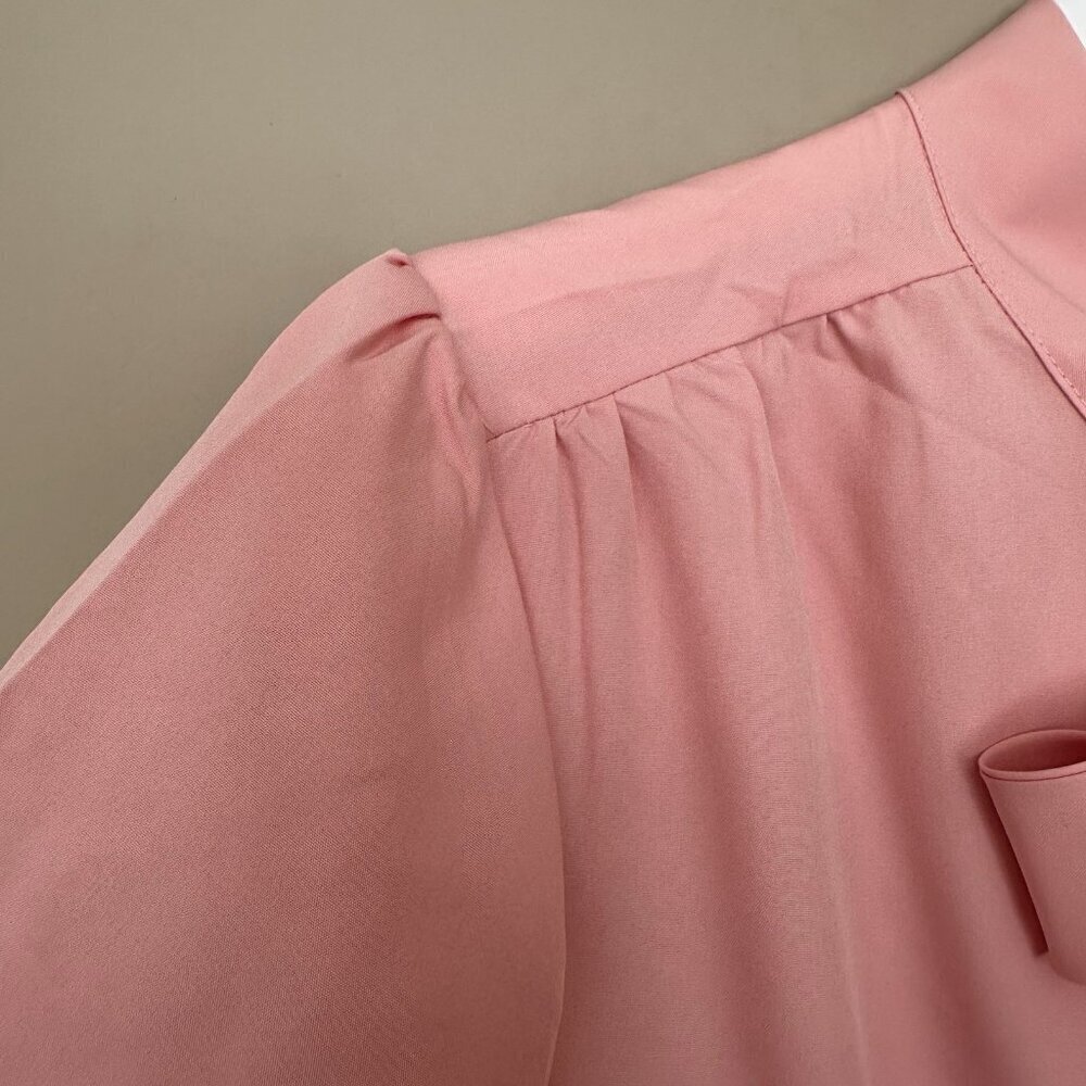 NWT Pink Office Chic Neck Bow Blouse Top Women L Button Shirt Short Sleeve - Picture 6 of 8